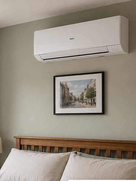 Haier wall-mounted air conditioning unit high on a bedroom wall above the bed