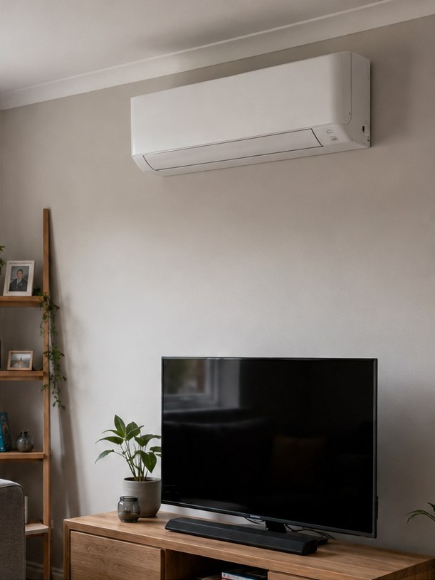 Wall-mounted air conditioning unit high on a living room wall above the TV