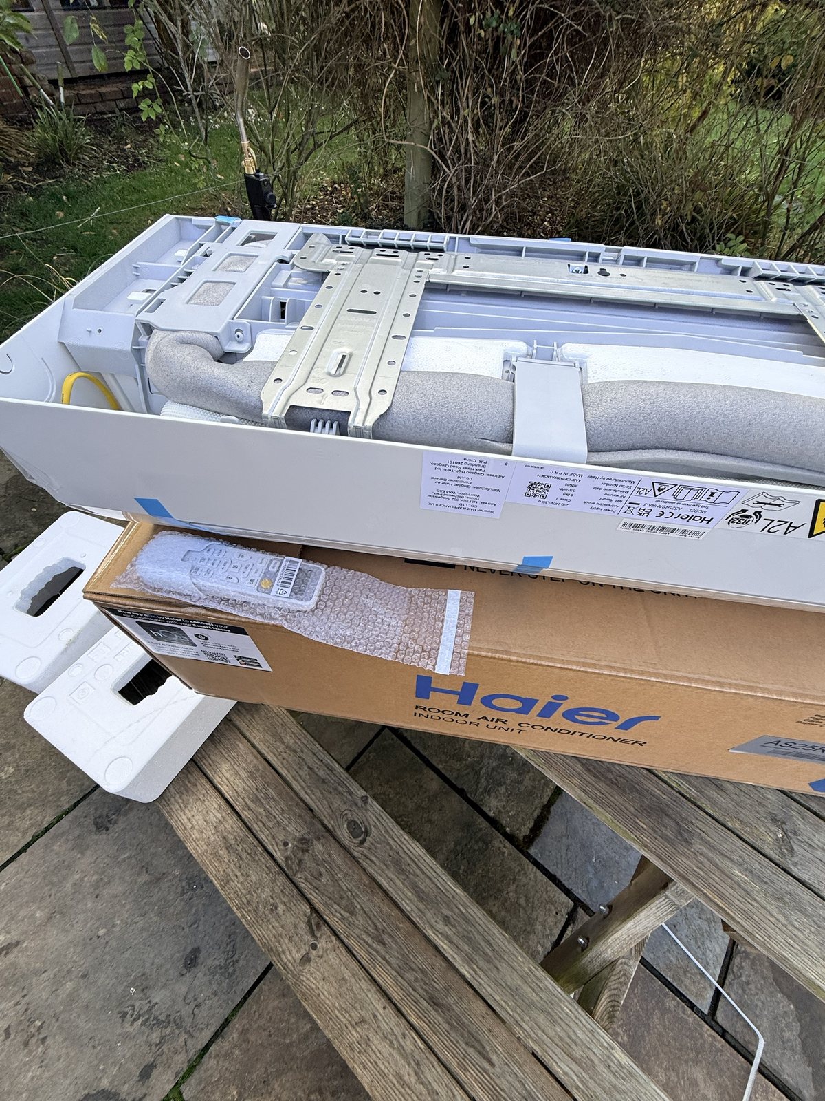 Haier 2.5kW indoor air conditioning unit unboxed before fitting